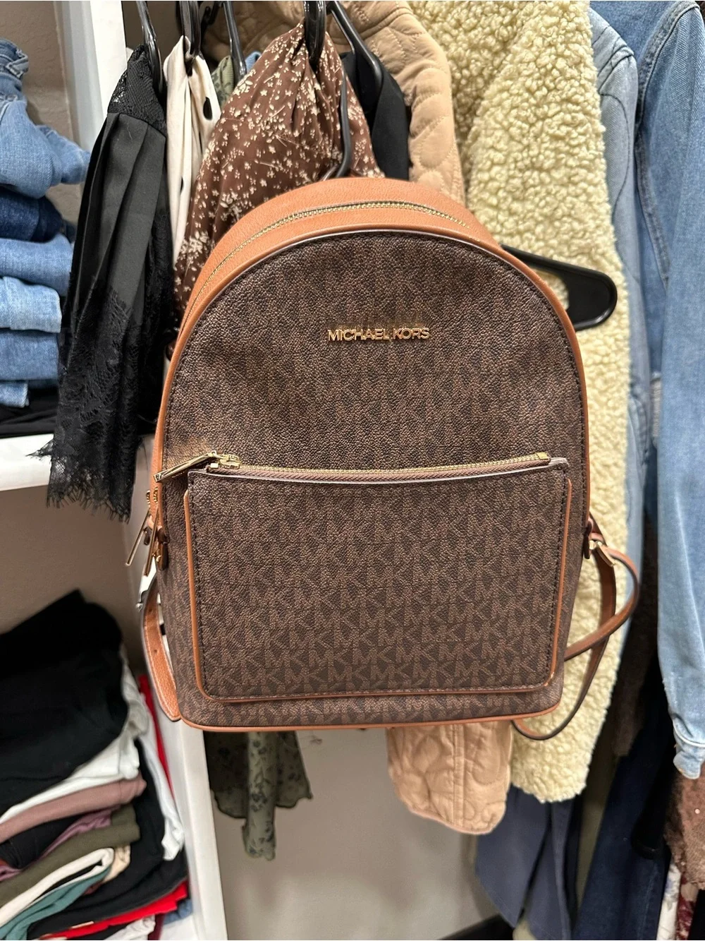 Michael Kors Brown Logo-Print Backpack with Tan Trim